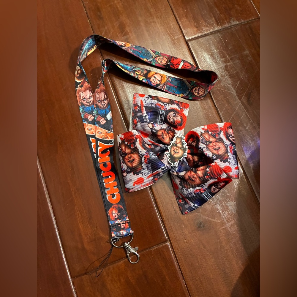 Chucky Horror movie Themed Lanyard and Bow Set. Brand new, never used.